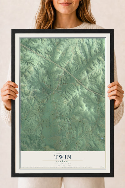 Map of Twin, Alabama, 18 x 24 inch print in a black wood frame