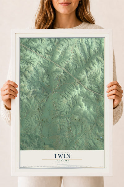 Map of Twin, Alabama, 18 x 24 inch print in a white wood frame