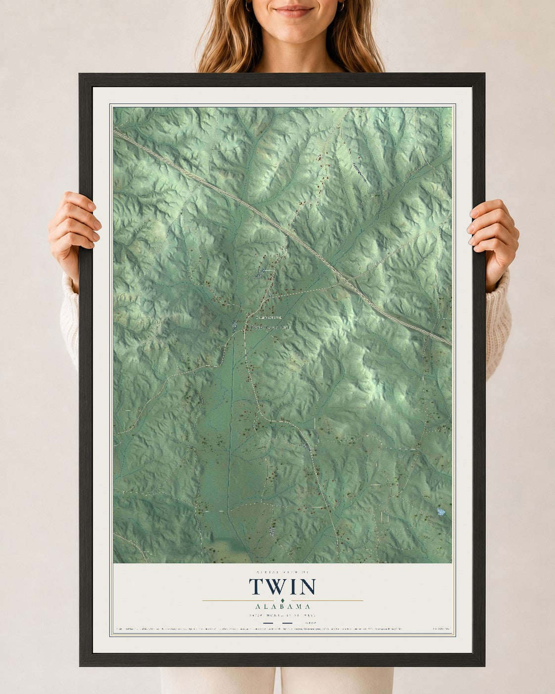 Map of Twin, Alabama, 24 x 36 inch print in a black wood frame