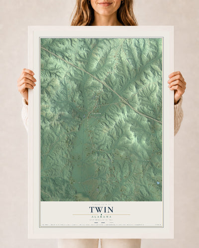 Map of Twin, Alabama, 24 x 36 inch print in a white wood frame