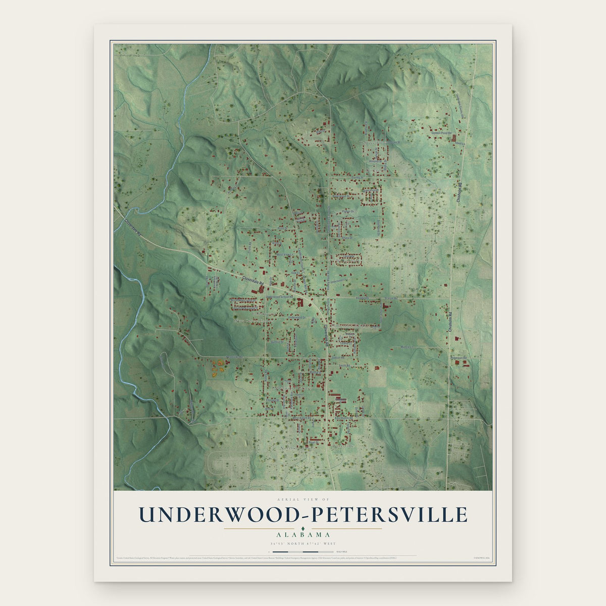 Underwood-Petersville, Alabama map print, the full design