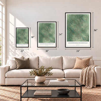 Underwood-Petersville, Alabama map in 12 x 18, 18 x 24 and 24 x 36 inch sizes above a sofa