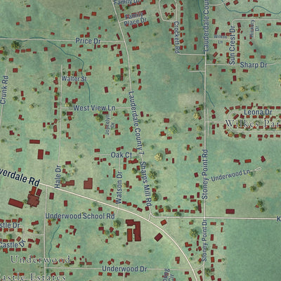 Close-up of the map of Underwood-Petersville, Alabama print showing street and building detail