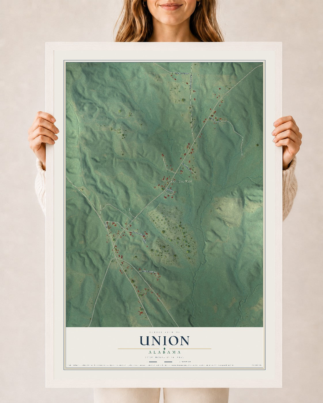 Map of Union, Alabama, 24 x 36 inch print in a white wood frame