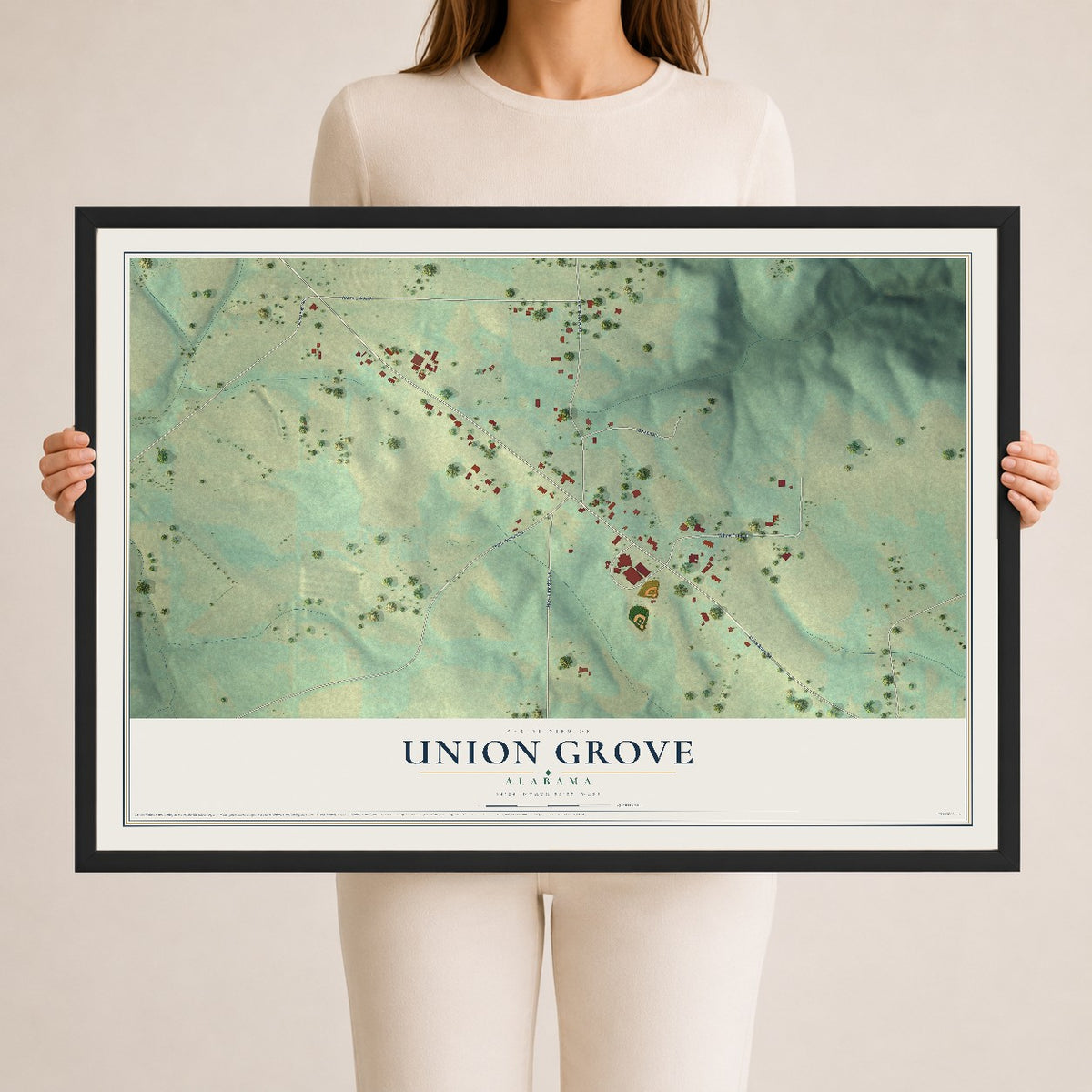 Map of Union Grove, Alabama, 24 x 36 inch print in a black wood frame