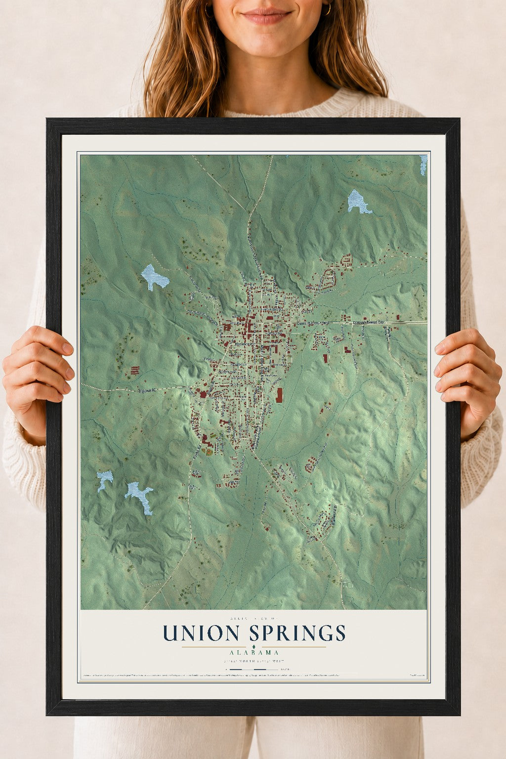 Map of Union Springs, Alabama, 18 x 24 inch print in a black wood frame