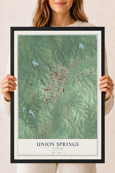 Map of Union Springs, Alabama, 18 x 24 inch print in a black wood frame