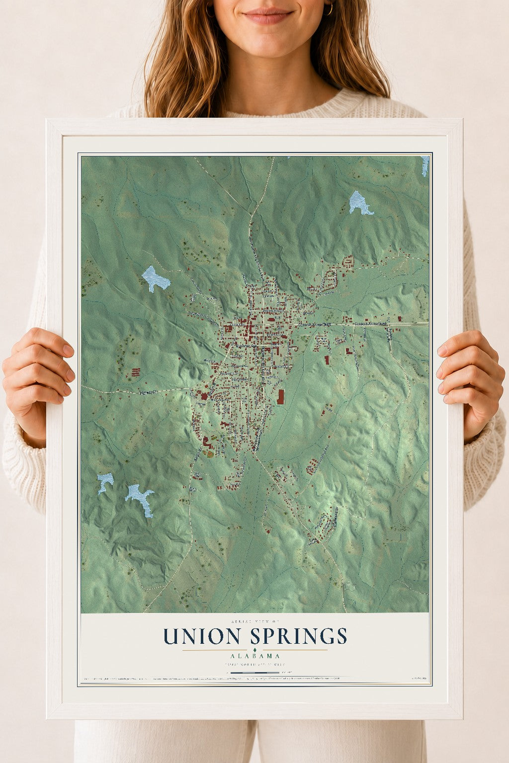 Map of Union Springs, Alabama, 18 x 24 inch print in a white wood frame