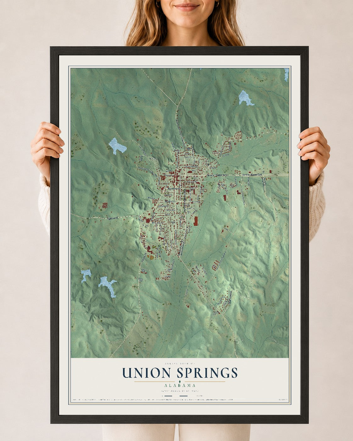 Map of Union Springs, Alabama, 24 x 36 inch print in a black wood frame