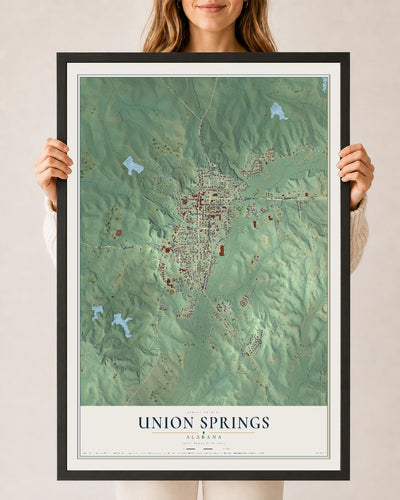 Map of Union Springs, Alabama, 24 x 36 inch print in a black wood frame