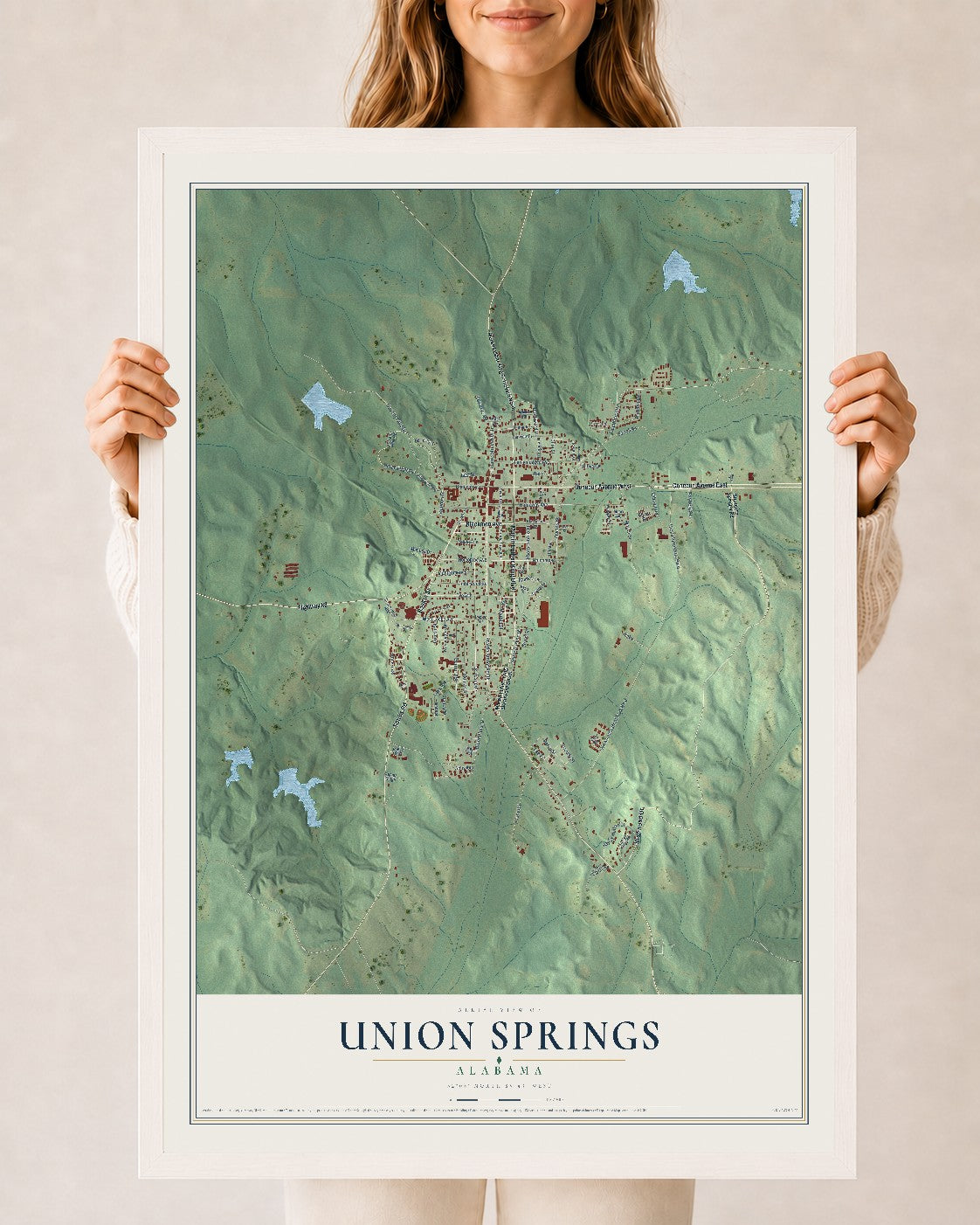 Map of Union Springs, Alabama, 24 x 36 inch print in a white wood frame