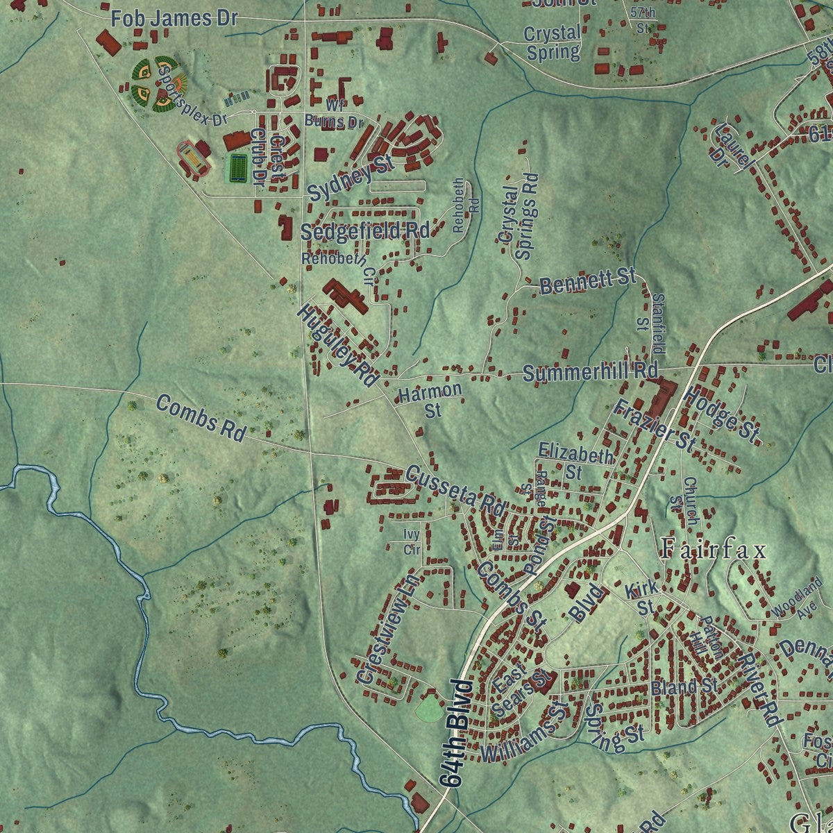 Close-up of the map of Valley, Alabama print showing street and building detail
