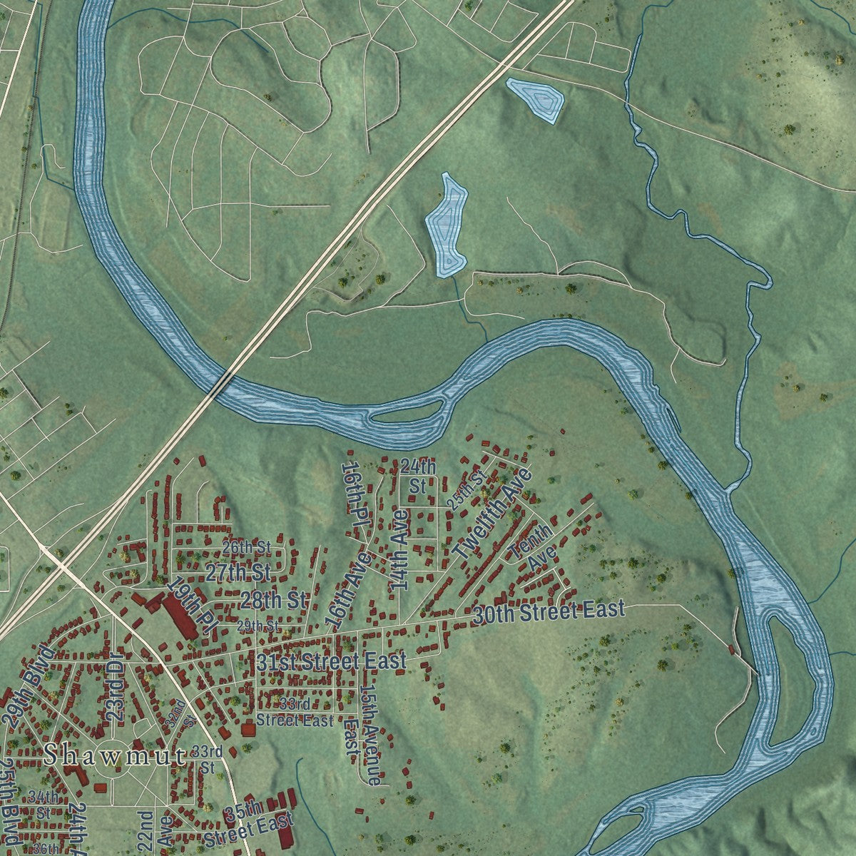 Second close-up of the map of Valley, Alabama print showing more streets and buildings