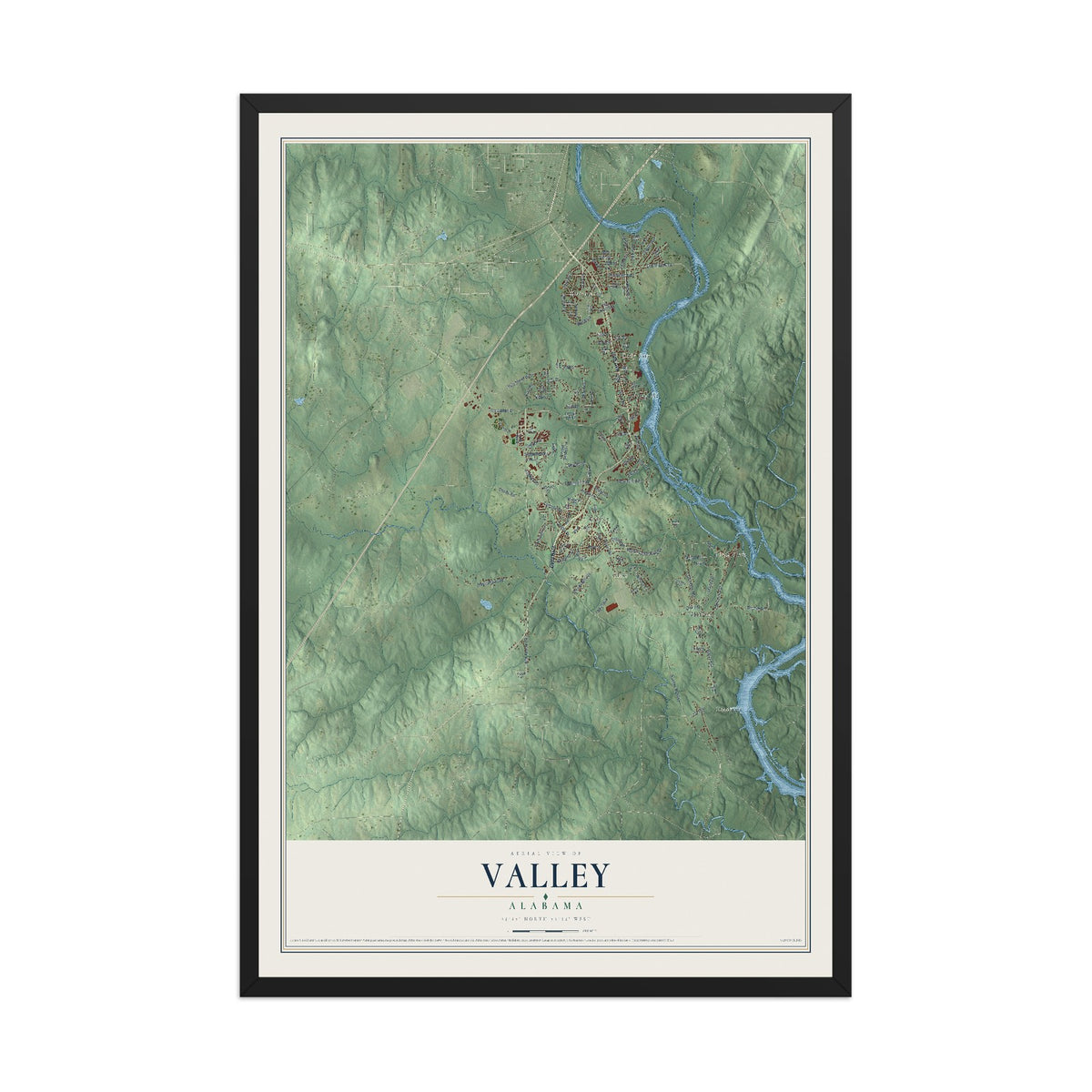 Map of Valley, Alabama, 12 x 18 inch print in a black wood frame