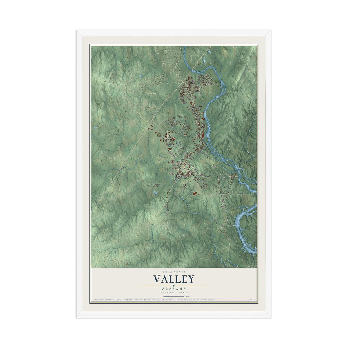 Map of Valley, Alabama, 12 x 18 inch print in a white wood frame