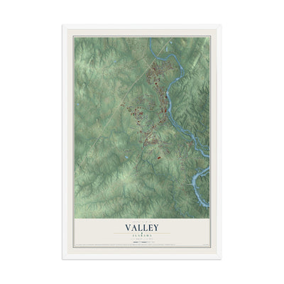 Map of Valley, Alabama, 12 x 18 inch print in a white wood frame