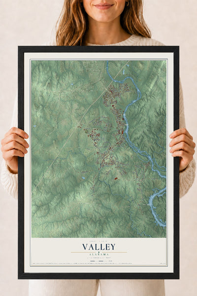 Map of Valley, Alabama, 18 x 24 inch print in a black wood frame