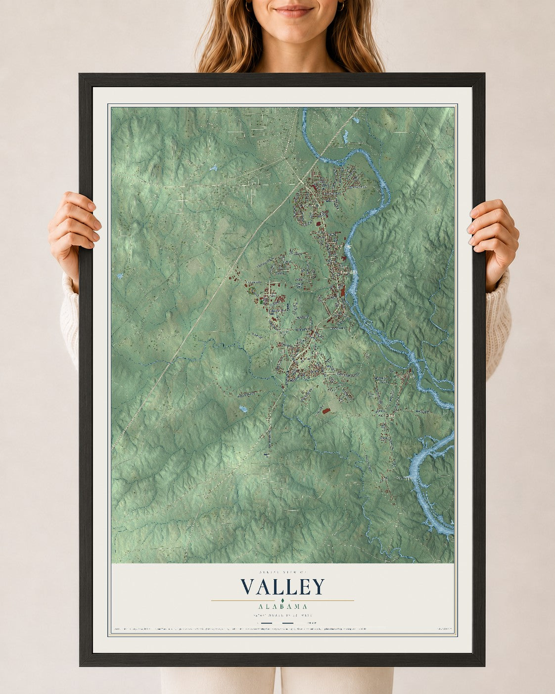 Map of Valley, Alabama, 24 x 36 inch print in a black wood frame