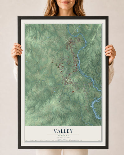 Map of Valley, Alabama, 24 x 36 inch print in a black wood frame