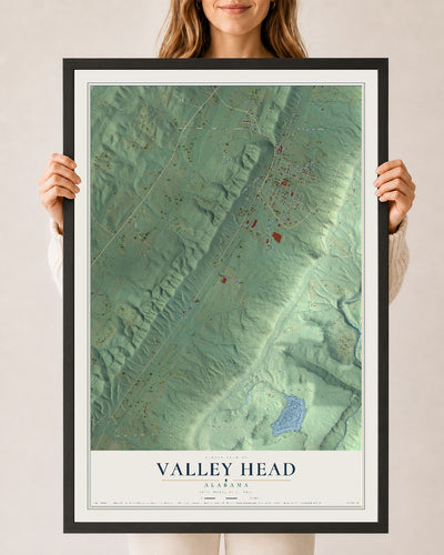 Map of Valley Head, Alabama, 24 x 36 inch print in a black wood frame