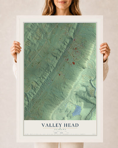 Map of Valley Head, Alabama, 24 x 36 inch print in a white wood frame