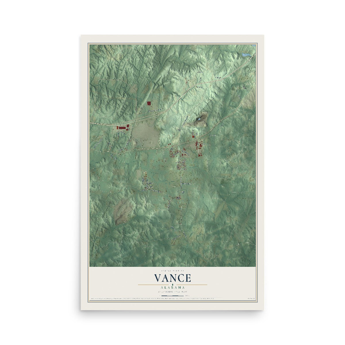 Map of Vance, Alabama, 12 x 18 inch unframed archival matte print