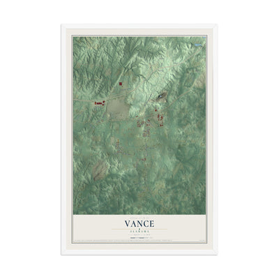 Map of Vance, Alabama, 12 x 18 inch print in a white wood frame