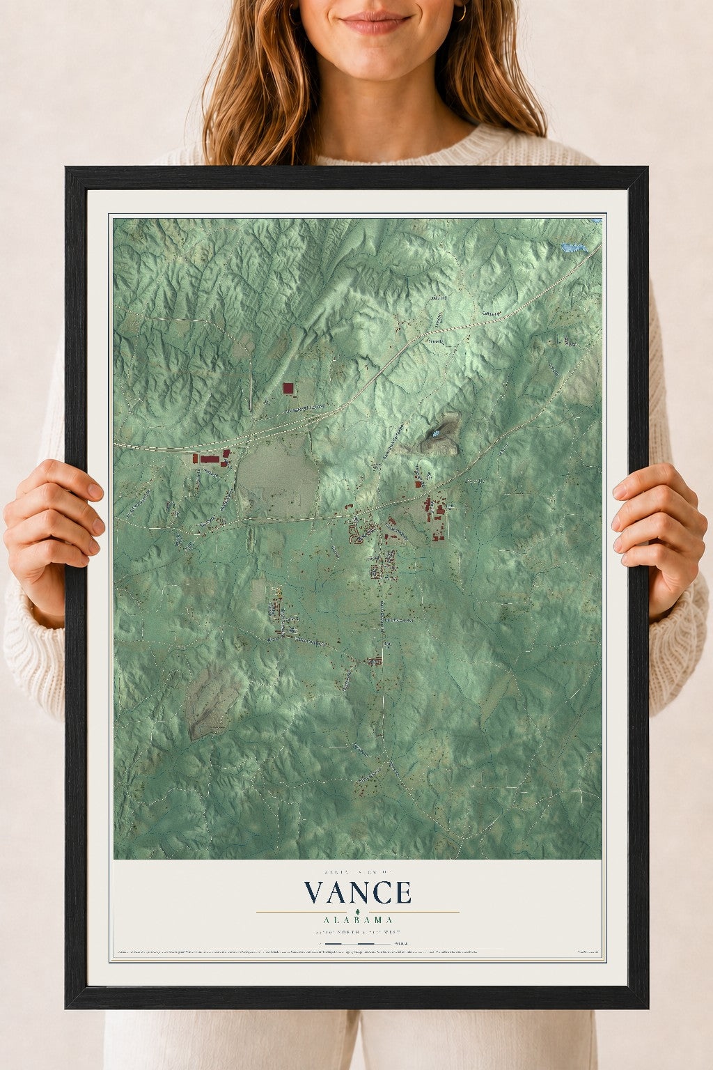 Map of Vance, Alabama, 18 x 24 inch print in a black wood frame