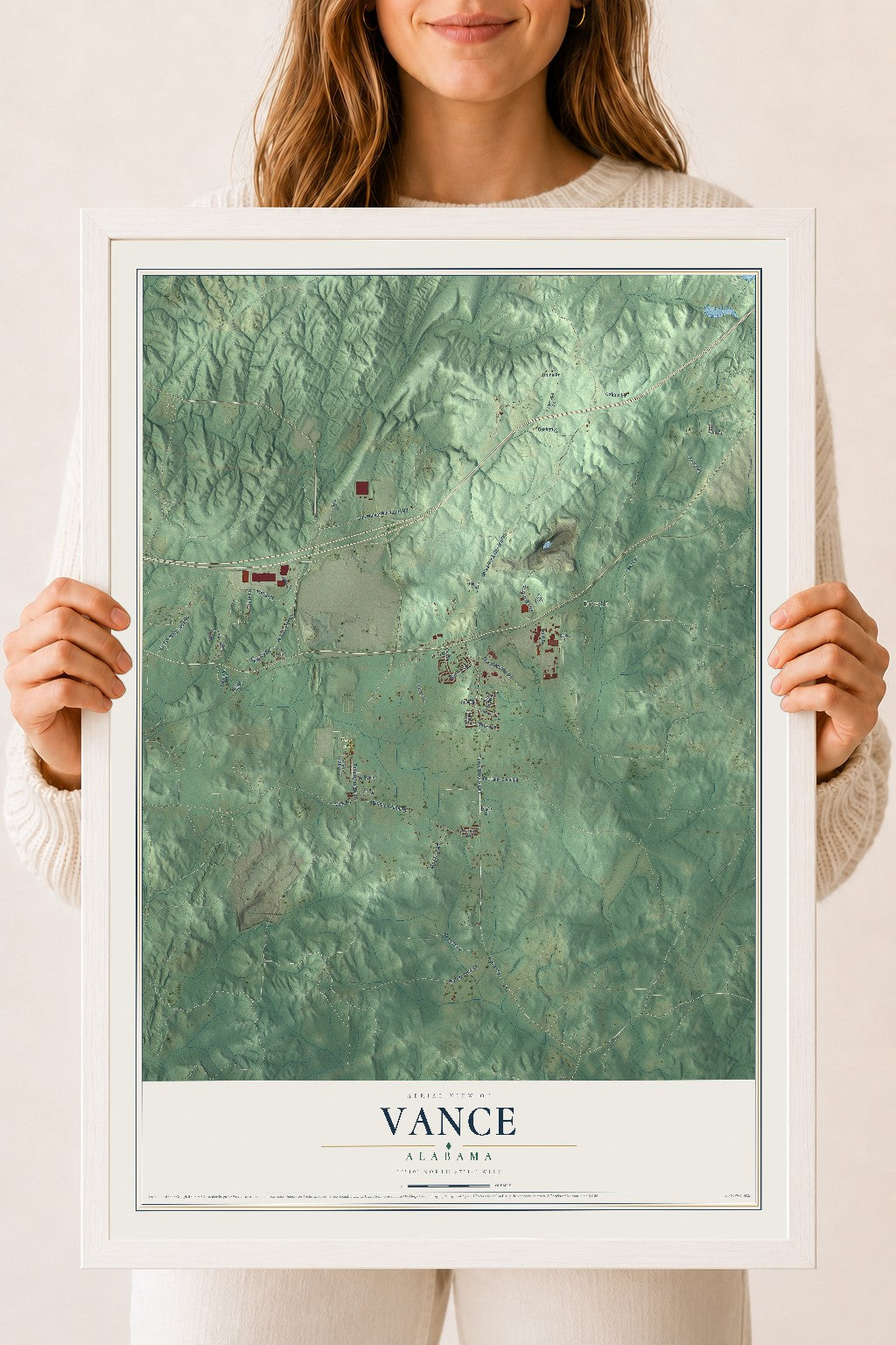 Map of Vance, Alabama, 18 x 24 inch print in a white wood frame