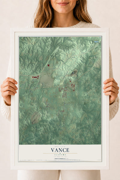 Map of Vance, Alabama, 18 x 24 inch print in a white wood frame