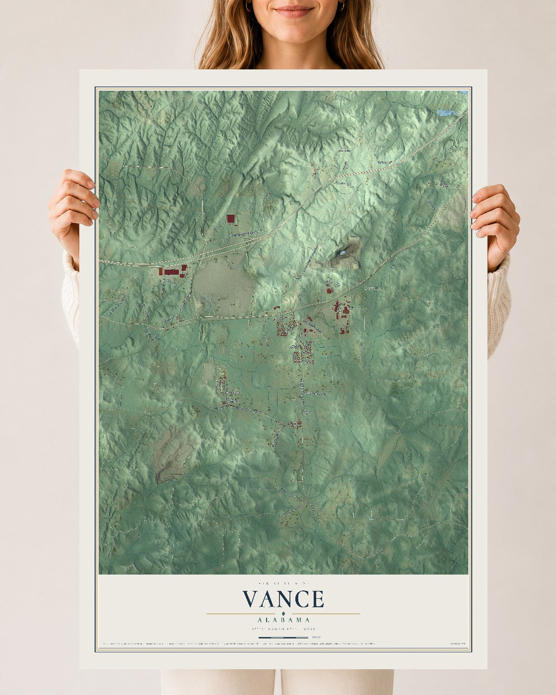 Map of Vance, Alabama, 24 x 36 inch unframed archival matte print