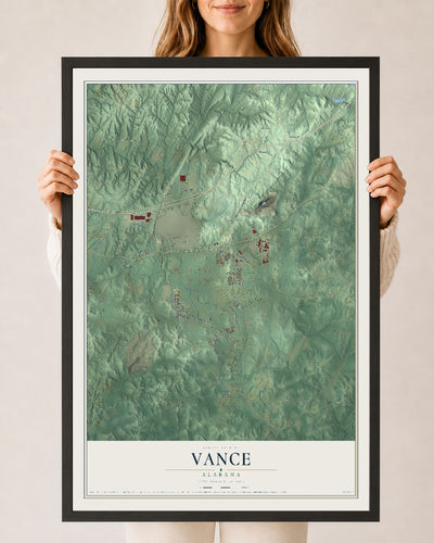Map of Vance, Alabama, 24 x 36 inch print in a black wood frame
