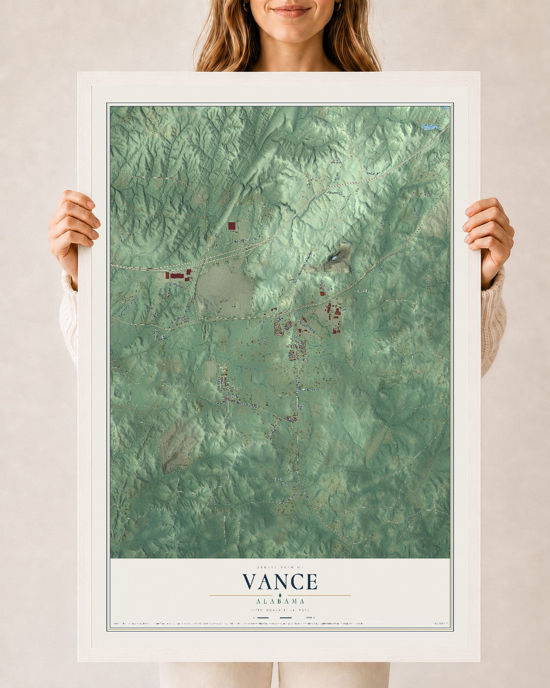 Map of Vance, Alabama, 24 x 36 inch print in a white wood frame