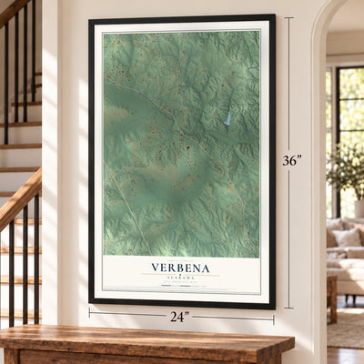 Verbena, Alabama map, 24 x 36 inch print in a black frame by a staircase