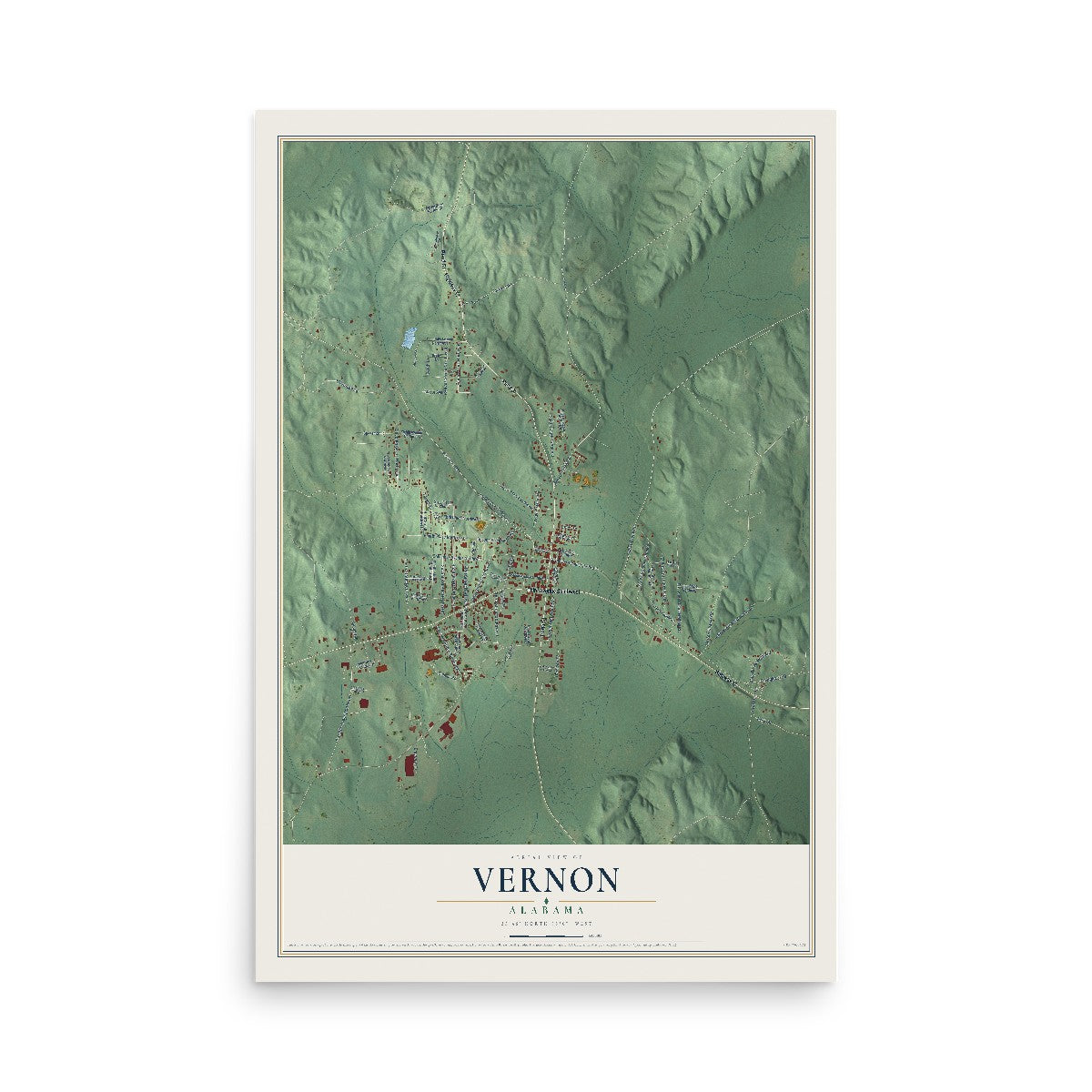 Map of Vernon, Alabama, 12 x 18 inch unframed archival matte print