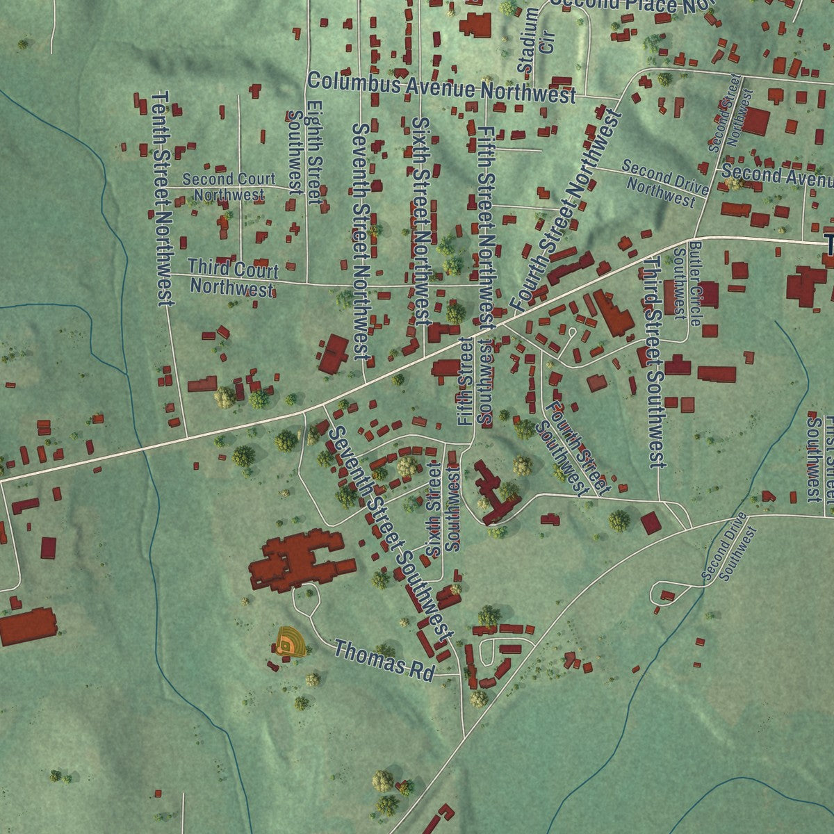 Close-up of the map of Vernon, Alabama print showing street and building detail