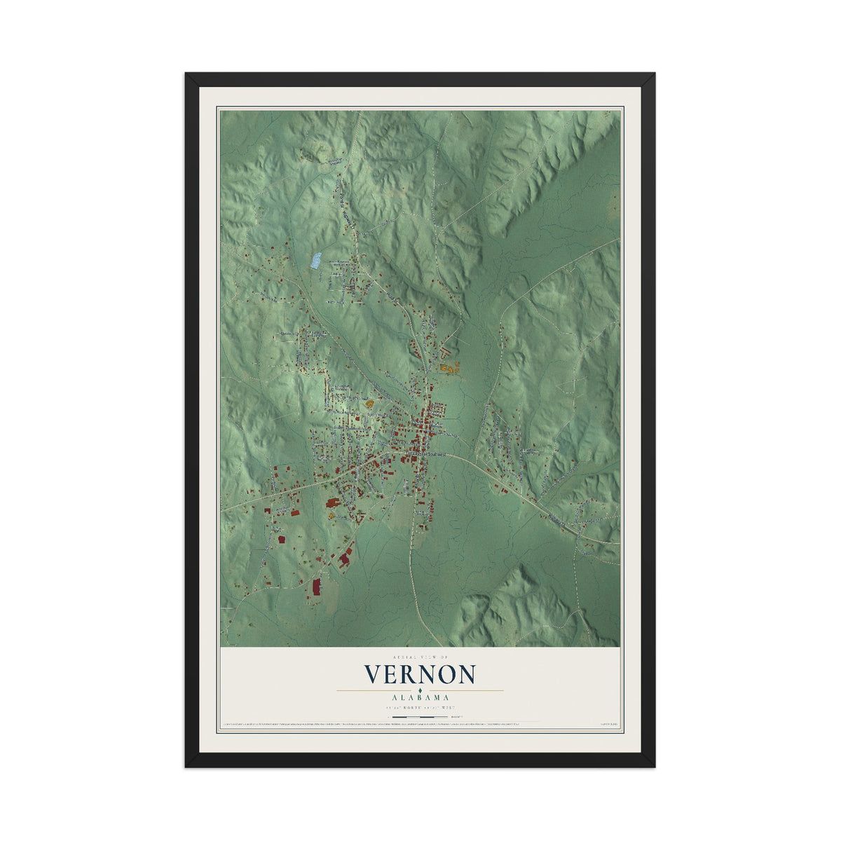 Map of Vernon, Alabama, 12 x 18 inch print in a black wood frame