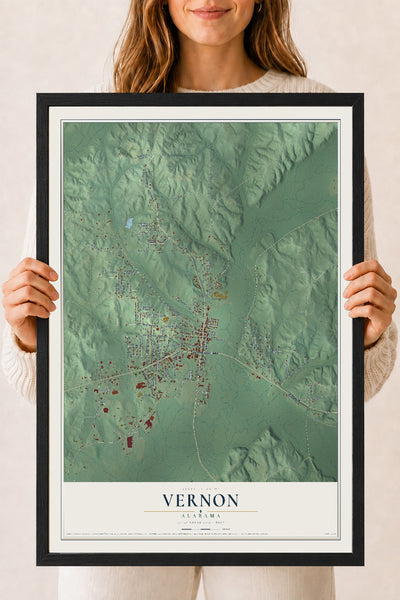 Map of Vernon, Alabama, 18 x 24 inch print in a black wood frame
