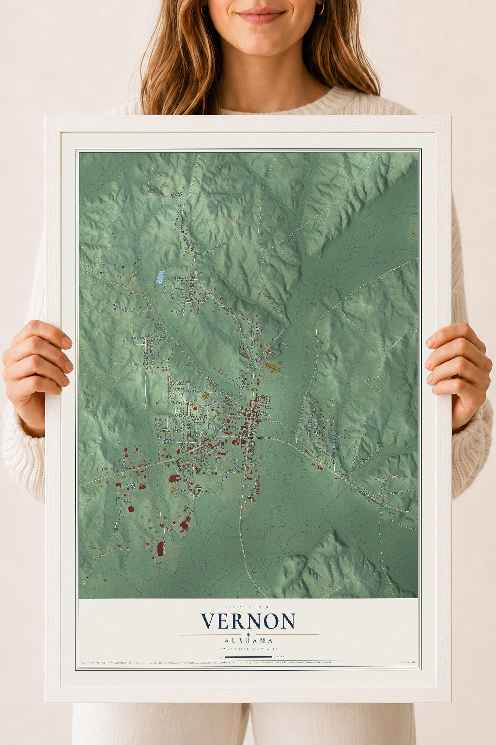 Map of Vernon, Alabama, 18 x 24 inch print in a white wood frame