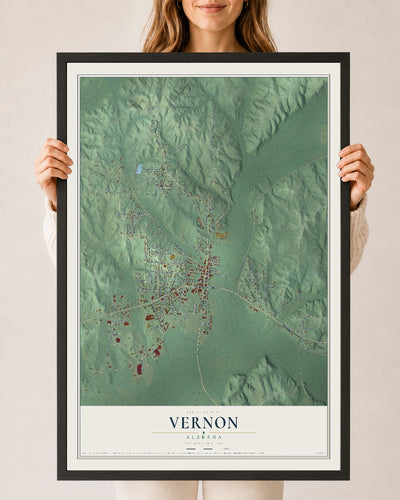 Map of Vernon, Alabama, 24 x 36 inch print in a black wood frame