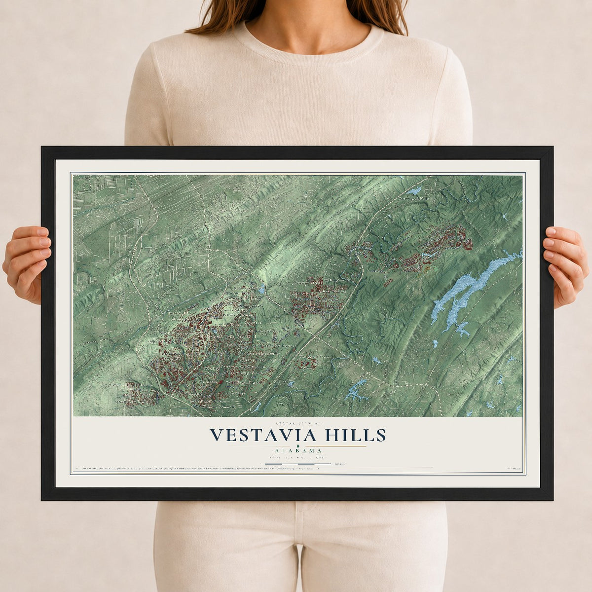 Map of Vestavia Hills, Alabama, 12 x 18 inch print in a black wood frame