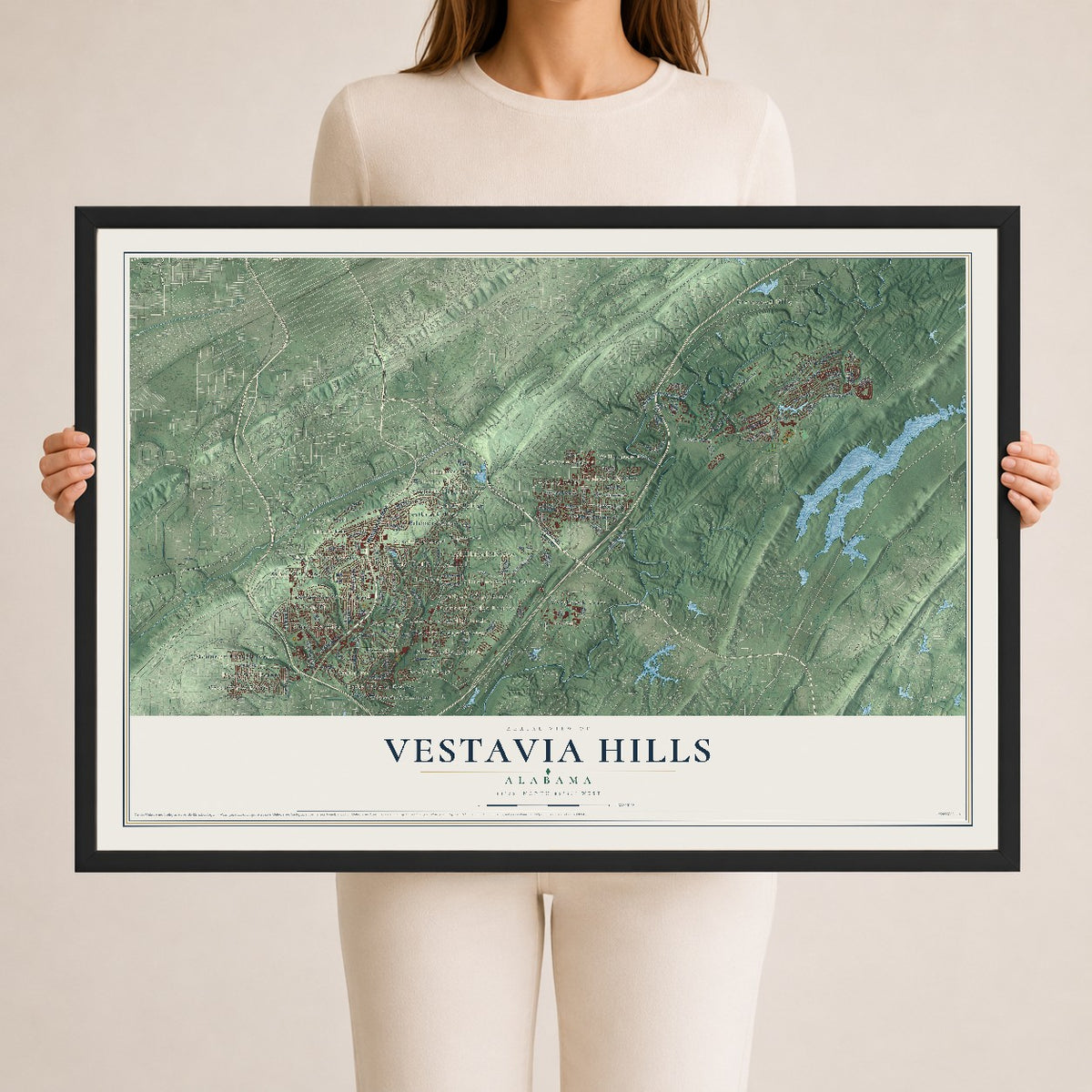 Map of Vestavia Hills, Alabama, 24 x 36 inch print in a black wood frame