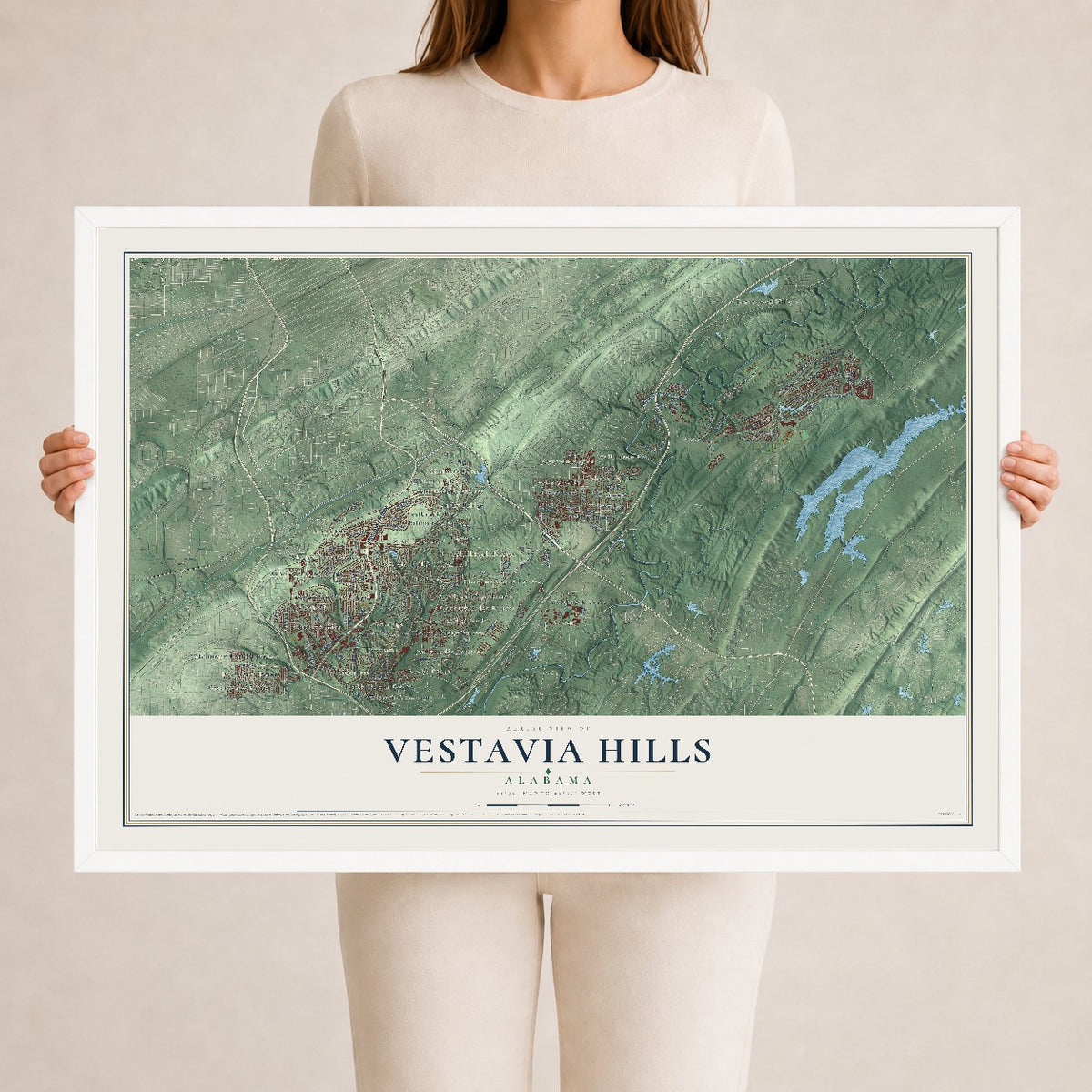 Map of Vestavia Hills, Alabama, 24 x 36 inch print in a white wood frame
