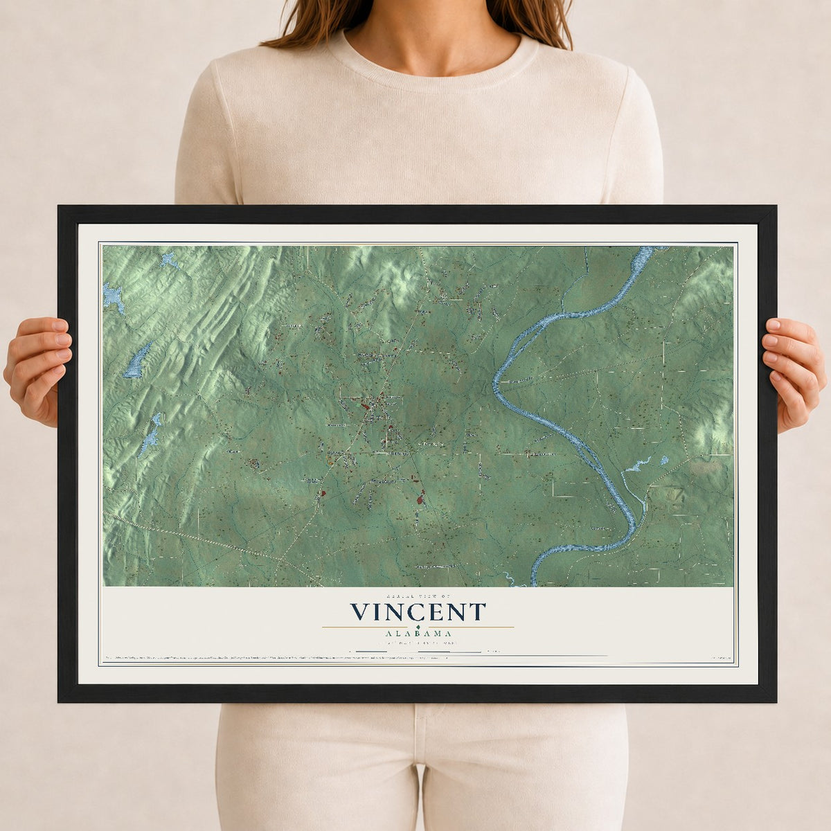 Map of Vincent, Alabama, 12 x 18 inch print in a black wood frame