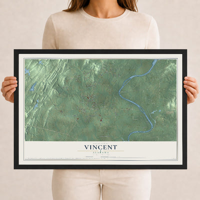 Map of Vincent, Alabama, 12 x 18 inch print in a black wood frame