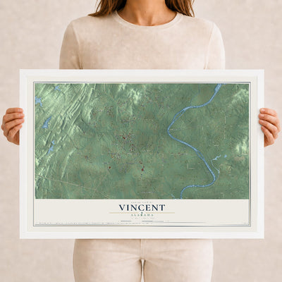 Map of Vincent, Alabama, 12 x 18 inch print in a white wood frame