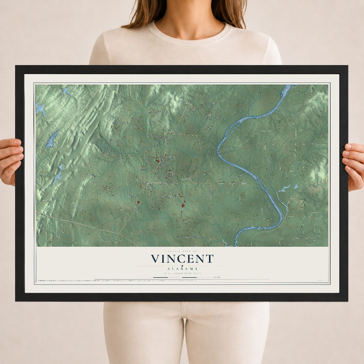 Map of Vincent, Alabama, 18 x 24 inch print in a black wood frame