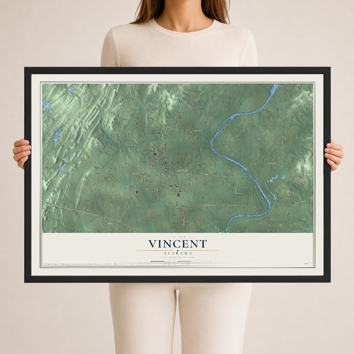 Map of Vincent, Alabama, 24 x 36 inch print in a black wood frame