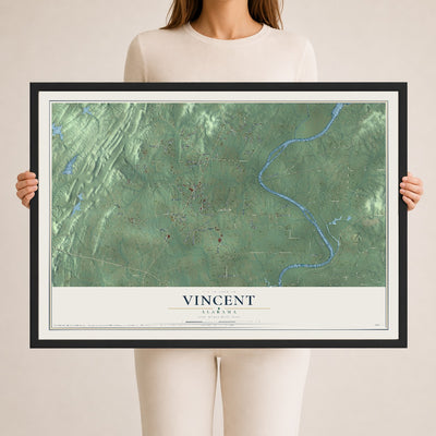 Map of Vincent, Alabama, 24 x 36 inch print in a black wood frame