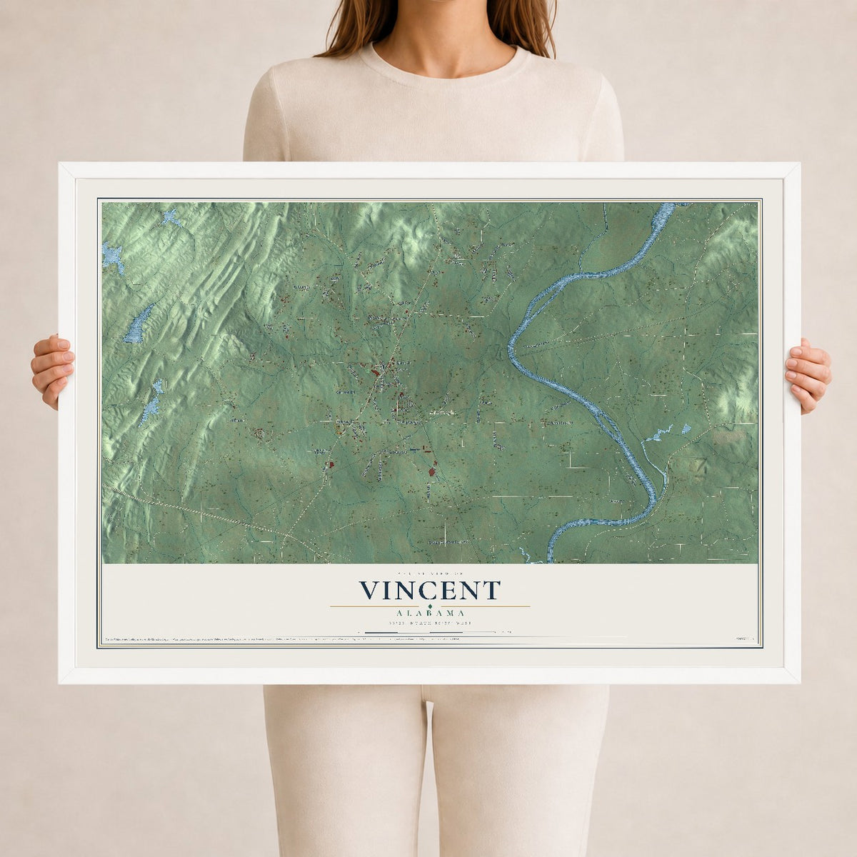Map of Vincent, Alabama, 24 x 36 inch print in a white wood frame